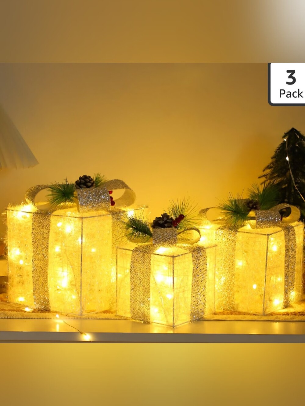 Festive Silver Lighted Holiday Gift Decor. 3 Piece Set. NEW.